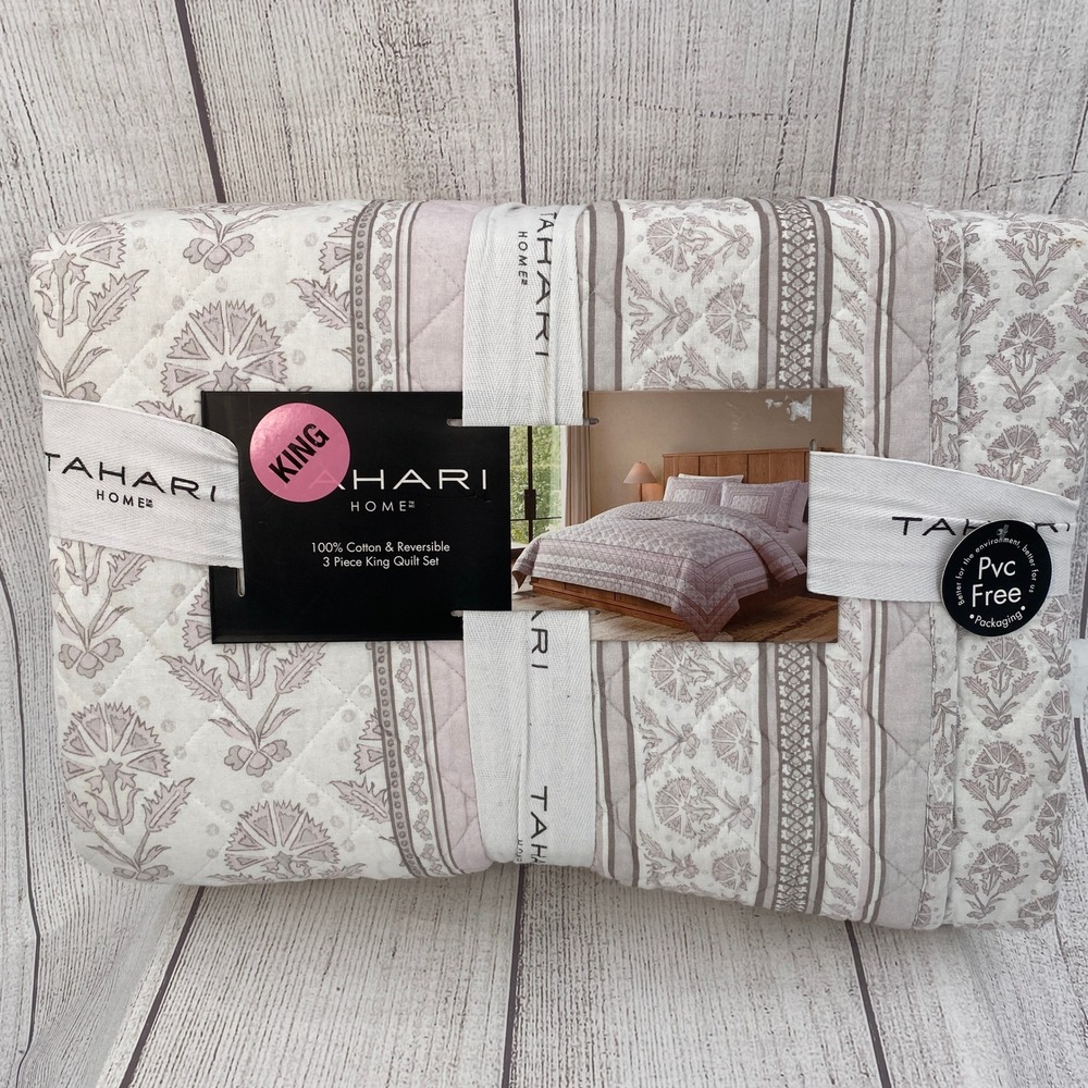 Tahari Home Quilt Set King Mauve Floral Stripe Reversible Cotton Boho Farmhouse